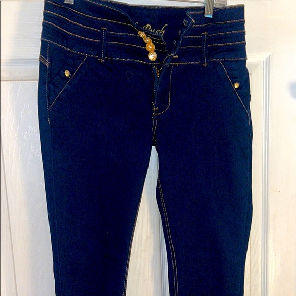 Blue and Gold Skinny Jeans with Contrast Stitching - Picture 1 of 11